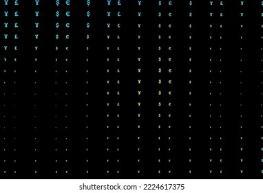 Azul oscuro, cubierta vectorial amarilla con EUR, USD, GBP, JPY. Ilustración abstracta con símbolos digitales financieros de colores. Diseño inteligente para tu anuncio comercial de riqueza económica.