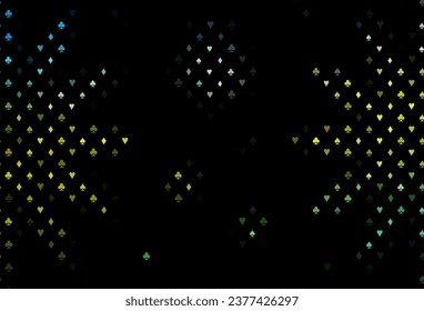 Dark blue, yellow vector cover with symbols of gamble. Colorful gradient with signs of hearts, spades, clubs, diamonds. Template for business cards of casinos.