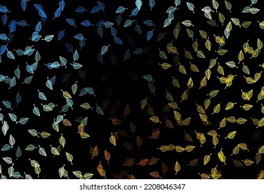Azul oscuro, textura de doodle vectorial amarillo. Ilustración decorativa con hojas coloridas abstractas. Patrón para jefes de sitios web y diseños.
