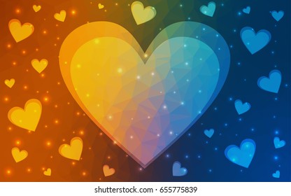 Dark Blue, Yellow vector heart isolated on white background. Geometric rumpled triangular low poly origami style gradient graphic illustration. Polygonal design for your business.