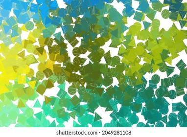 Diseño vectorial azul oscuro, amarillo con círculos, líneas, rectángulos. Ilustración abstracta con puntos coloridos, líneas, cubos. Plantilla moderna para su página de inicio.