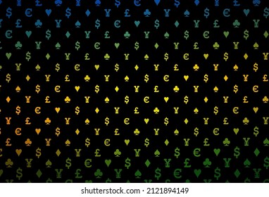 Dark blue, yellow vector layout with elements of cards. Colorful gradient with signs of hearts, spades, clubs, diamonds. Pattern for ads of parties, events in Vegas.