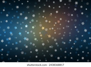 Azul oscuro, diseño de vector amarillo con copos de nieve brillantes, estrellas. Ilustración abstracta brillante con formas de hielo de cristal degradado. Diseño para carteles de Año Nuevo, banners.
