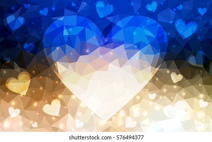 DARK BLUE, yellow vector love background with heart. Paper note. Valentine's greeting polygonal card. Triangular illustration for your business. Stock template for your design.