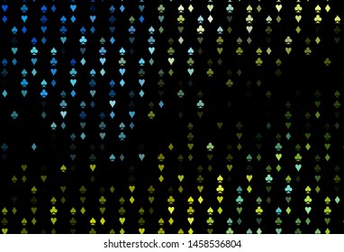 Dark Blue, Yellow vector pattern with symbol of cards. Shining illustration with hearts, spades, clubs, diamonds. Pattern for leaflets of poker games, events.