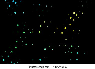 Patrón vectorial amarillo azul oscuro en estilo poligonal con círculos. Ilustración abstracta con puntos coloridos, líneas, cubos. Plantilla para fondos de pantalla.