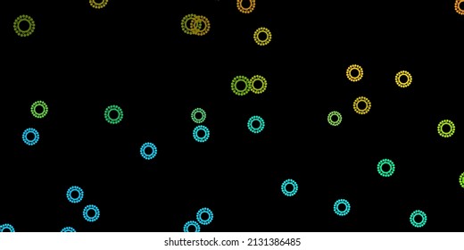 Dunkelblaues, gelbes Vektormuster mit Coronavirus-Elementen. Intelligente Illustration mit Kopfzeichen im dekorativen Stil. Design für Warnhinweise auf biologische Gefahren.