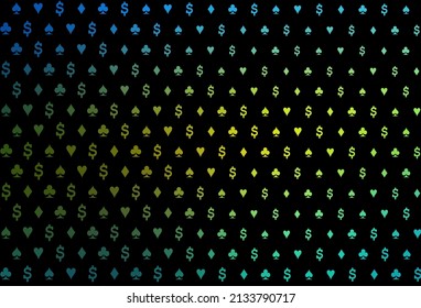 Dark blue, yellow vector pattern with symbol of cards. Glitter abstract sketch with isolated symbols of playing cards. Pattern for ads of parties, events in Vegas.