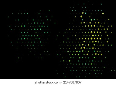 Dark blue, yellow vector pattern with symbol of cards. Glitter abstract sketch with isolated symbols of playing cards. Template for business cards of casinos.