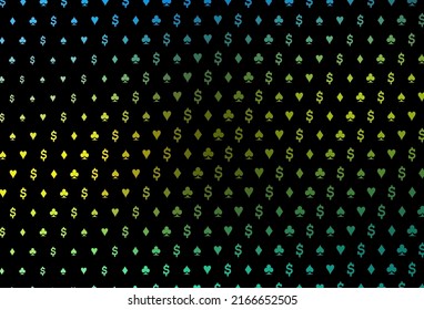 Dark blue, yellow vector pattern with symbol of cards. Shining illustration with hearts, spades, clubs, diamonds. Pattern for booklets, leaflets of gambling houses.