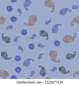 Dark Blue, Yellow vector seamless doodle pattern with leaves and flowers. Decorative design in Indian style on white background. Elegant pattern for your brand book.