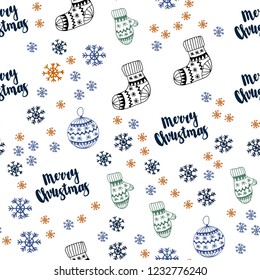 Dark Blue, Yellow vector seamless background with xmas snowflakes, balls, socks, mittens. Colorful xmas elements with gradient. Texture for window blinds, curtains.