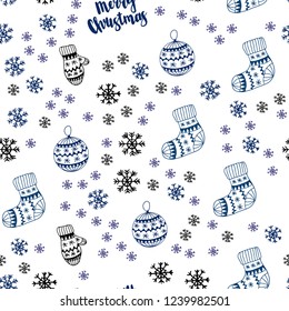 Dark Blue, Yellow vector seamless background with xmas snowflakes, balls, socks, mittens. Shining colorful illustration in christmas style. Template for business cards, websites.