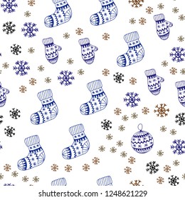 Dark Blue, Yellow vector seamless pattern with christmas snowflakes, balls, socks, mittens. Colorful decorative design in xmas style. Pattern for trendy fabric, wallpapers.