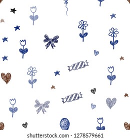 Dark Blue, Yellow vector seamless background in xmas style. Abstract illustration with aheart, baloon, candy, gift, star, ribbon. Pattern for new year ads.