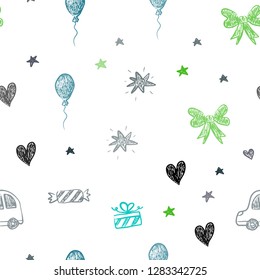Dark Blue, Yellow vector seamless template with carnival elements. Illustration with a colorful toy car, heart, baloon, tulip, candy, ball. Design for colorful commercials.