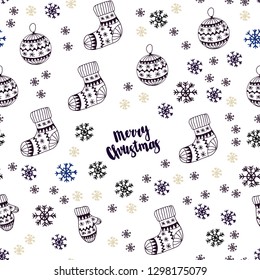 Dark Blue, Yellow vector seamless template with ice snowflakes, balls, socks, mittens. Colorful illustration with xmas symbols. Texture for window blinds, curtains.