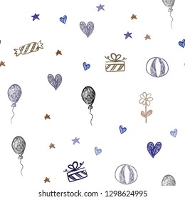 Dark Blue, Yellow vector seamless backdrop in holiday style. Design in xmas style with aheart, baloon, candy, gift, star, ribbon. Pattern for carnival, festival ads.