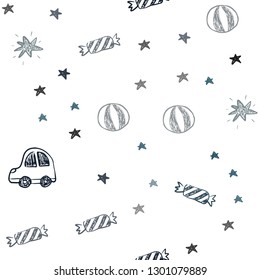 Dark Blue, Yellow vector seamless texture in birthday style. Colorful illustration with a toy car, baloon, candy, star, ball. Pattern for new year ads.