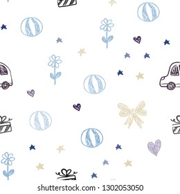Dark Blue, Yellow vector seamless texture with birthday gifts. Colorful illustration with a toy car, heart, baloon, tulip, candy, ball. Design for holiday adverts.