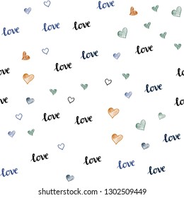 Dark Blue, Yellow vector seamless pattern with phrase LOVE YOU, hearts. Illustration with words of love, hearts in abstract style. Design for wallpaper, fabric makers.