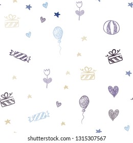 Dark Blue, Yellow vector seamless pattern in christmas style. Design in xmas style with aheart, baloon, candy, gift, star, ribbon. Design for colorful commercials.