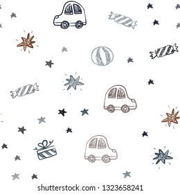Dark Blue, Yellow vector seamless layout in new year style. Abstract illustration with a toy car, baloon, candy, star, ball. Pattern for carnival, festival ads.