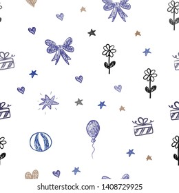 Dark Blue, Yellow vector seamless layout with new year gifts. Design in xmas style with a toy car, heart, baloon, tulip, candy, ball. Pattern for birthday gifts.