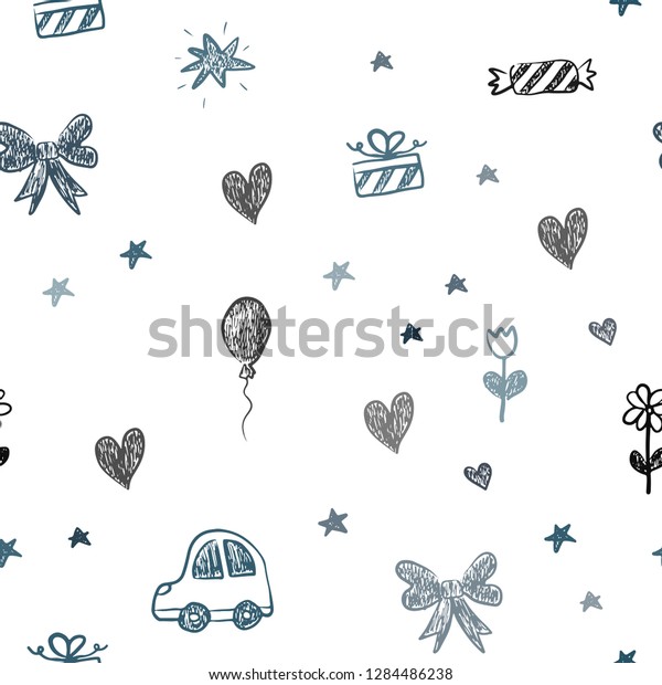 Dark Blue, Yellow\
vector seamless background with xmas attributes. Shining\
illustration with a toy car, heart, baloon, tulip, candy, ball.\
Design for colorful\
commercials.
