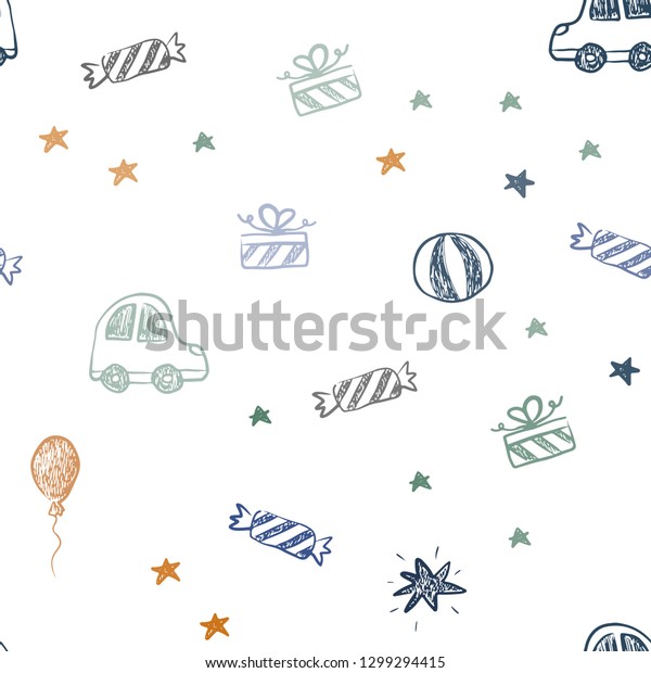 Dark Blue, Yellow vector\
seamless pattern in christmas style. Illustration with a colorful\
toy car, baloon, candy, star, ball. Design for colorful\
commercials.