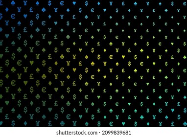 Dark blue, yellow vector template with poker symbols. Colored illustration with hearts, spades, clubs, diamonds. Template for business cards of casinos.