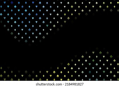 Plantilla vectorial amarilla azul oscuro con símbolos de póquer. Ilustración brillante con corazones, espadas, palos, diamantes. Patrón de folletos, volantes de casas de juego.