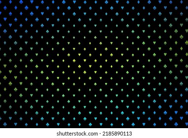 Plantilla vectorial amarilla azul oscuro con símbolos de póquer. Ilustración de color con corazones, espadas, palos, diamantes. Patrón de folletos de juegos de póquer, eventos.