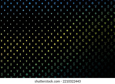 Dunkelblaue, gelbe Vektorvorlage mit Pokersymbolen. Unscharfes dekoratives Design von Herzen, Pik, Clubs, Diamanten. Muster für Prospekte von Pokerspielen, Events.