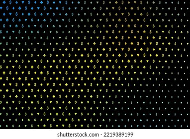 Dark blue, yellow vector template with poker symbols. Shining illustration with hearts, spades, clubs, diamonds. Pattern for leaflets of poker games, events.