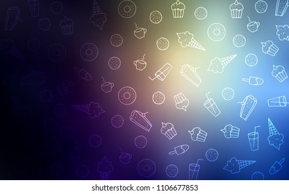 Dark Blue, Yellow vector texture with sweets, candies. Blurred decorative design of desserts in doodle style. Template of children's food in cafe.