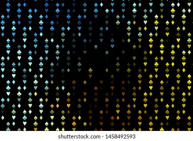 Dark Blue, Yellow vector texture with playing cards. Shining illustration with hearts, spades, clubs, diamonds. Template for business cards of casinos.