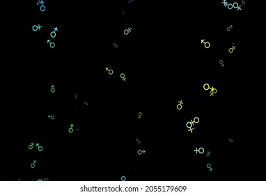 Textura vectorial amarilla azul oscuro con iconos masculinos y femeninos. Ilustración inteligente en el estilo de gradiente colorido con signos de género. Plantilla para revistas de moda.