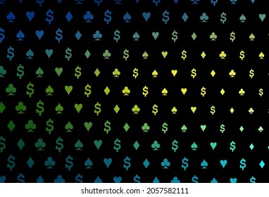 Dark blue, yellow vector texture with playing cards. Colorful gradient with signs of hearts, spades, clubs, diamonds. Template for business cards of casinos.