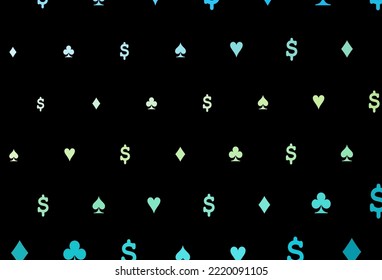 Dark blue, yellow vector texture with playing cards. Glitter abstract sketch with isolated symbols of playing cards. Template for business cards of casinos.