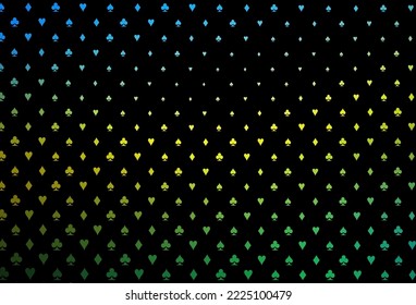 Dark blue, yellow vector texture with playing cards. Illustration with set of hearts, spades, clubs, diamonds. Pattern for ads of parties, events in Vegas.