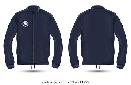 Dark blue zipped jacket mockup front and back view