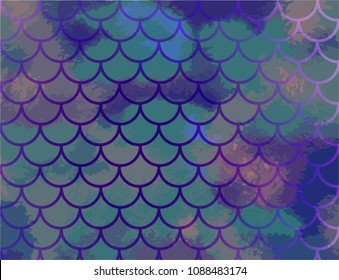 Dark blue-green mermaid scales. Watercolor fish scales. Underwater sea pattern. Vector illustration. Perfect for print design for textile, poster, greeting card, invitation.