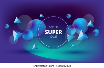 dark blue-green vector background with floating volumetric geometric shapes and super sale lettering