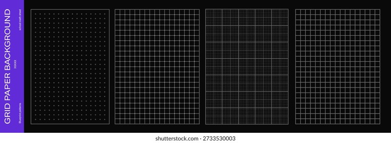 Dark blueprint grid collection. Graph paper sheets with dots and lines. Minimal technical bg