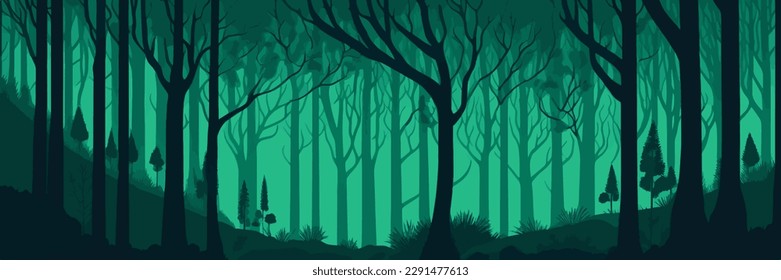 Dark blue-turquoise forest. Dark forest background. Eco forest. Forest vector illustration.