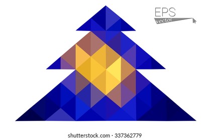 Dark blue,yellow low poly style christmas tree vector illustration consisting of triangles.Abstract triangular polygonal origami or crystal design of New Years celebration.Isolated on white background