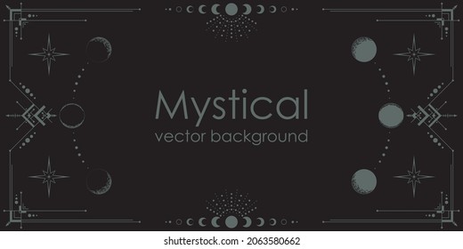 Dark boho background with a copy space. Mystical backdrop with an ornate geometric frame, outline moon phases and linear stars. Magical banner in black color with a place for text