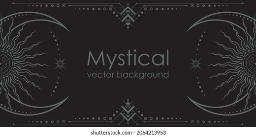 Dark boho background with a copy space. Mystical poster with an ornate geometric frame, outline crescents, linear sun with concentric circles and moon phases. Magical banner in with a place for text