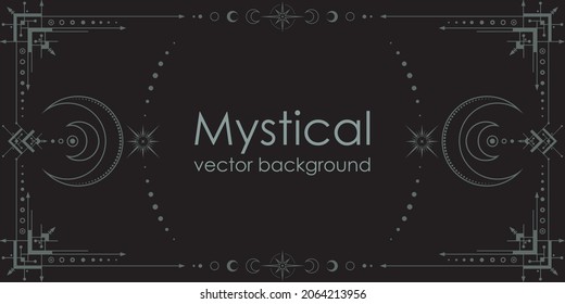 Dark boho background with a copy space. Mystical poster with an ornate geometric frame, outline crescents, linear stars and moon phases. Magical contour banner in black color with a place for text